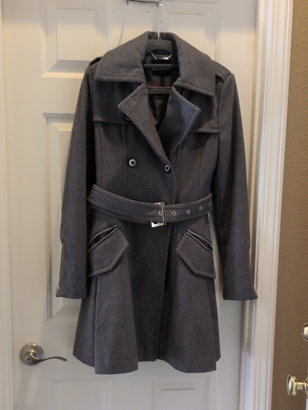 Express Gray Double-Breasted Trench Coat with Belt
